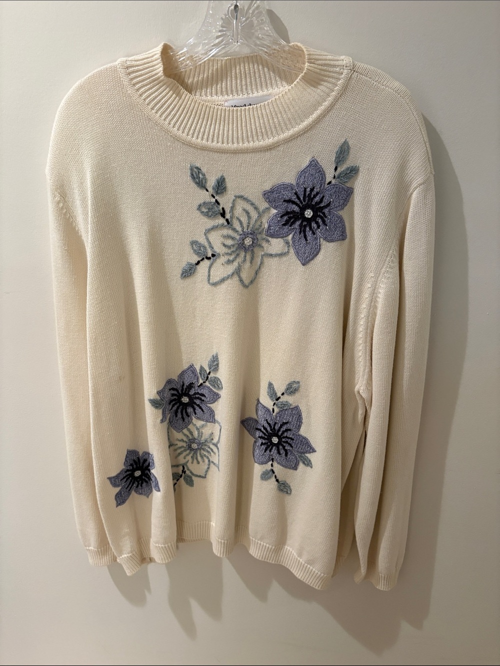 Alfred Dunner Cream Crewneck Sweater with Lavender Floral Appliqué